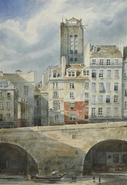 null Léon SABATIER (1827-1887). Vue de la Tour Saint Jacques prise des quais. Aquarelle....