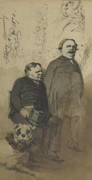 null Henri MONNIER (1799-1877). Deux hommes et leur dogue. Plume, encre brune, lavis...