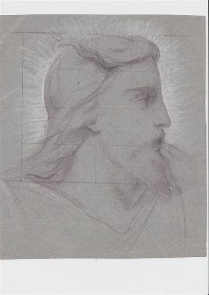 null Hippolyte LAZERGES (1817-1887). Tête de Christ. Pierre noire et réhaut de blancs...