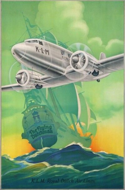 null KLM ROYAL DUTCH AIR LINES DC3. Entoilée, bon état, 65 x 96 cm.	