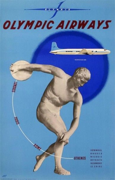 null JARRY. OLYMPIC AIRWAYS SUPER DC 1958. Entoilée, très bon état, 63 x 99 cm.