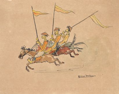 Henri MEGE (1904-1984) 
Pochoir humoristique à la plume et aquarelle de trois cavaliers...