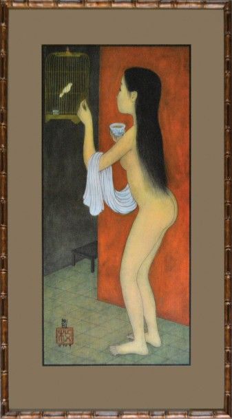 MAI-THU (1906-1980) 
Nu à l'oiseau.
Reproduction sur soie encadrée.
Edition Galerie...