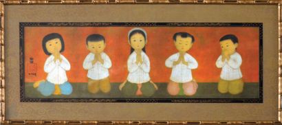 MAI-THU (1906-1980) 
La prière des enfants.
Reproduction sur soie encadrée.
Edition...