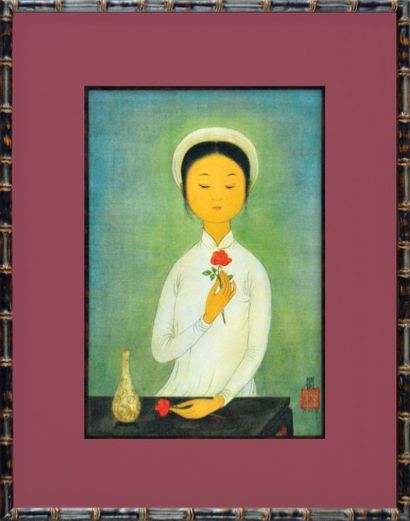 MAI-THU (1906-1980) 
Petite femme à la fleur»
Reproduction sur soie encadrée.
Edition...
