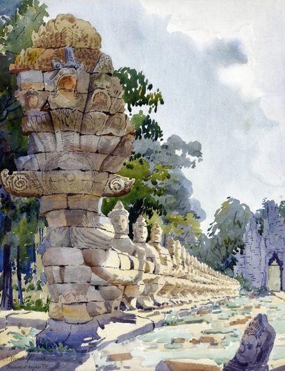J. RUEDOLF (XIX-XXe) 
Ruines d'Angkor Thom.
Aquarelle sur papier encadrée.
Signée,...