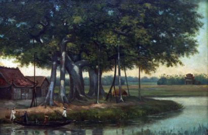Jean-Baptiste PORTANIER (Vers 1865-1904) 
Pagodes de Haïphong.
1890.
Deux tableaux...