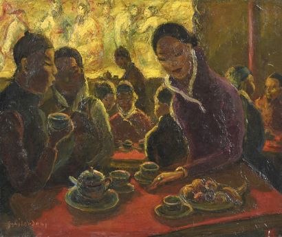 Joseph GILARDONI (1882-1961) 
Le thé dans un établissement chinois de Cholon.
Huile...