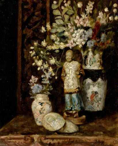 École de la fin du XIXe siècle 
Bouquets de fleurs et statuette de bonze.
Huile sur...