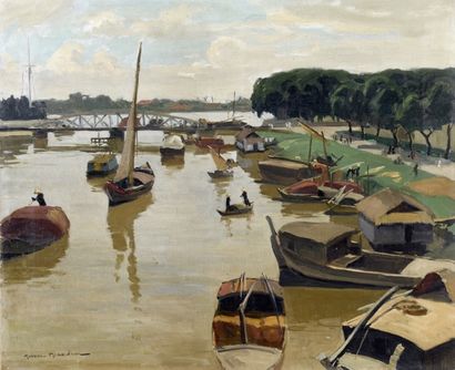 Maurice MÉNARDEAU (1897-1977) 
Saïgon: Arroyo chinois au pont tournant.
Barques et...