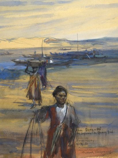 Dominique Charles FOUQUERAY (1869-1956) 
Les lagunes de Quang Bình
Fusain aquarellé...
