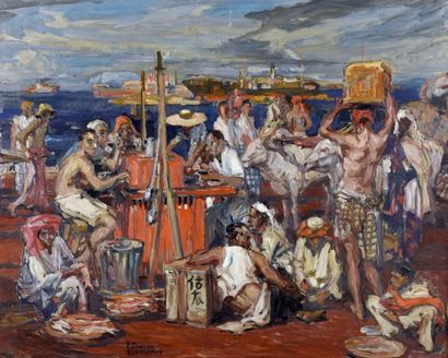 Dominique Charles FOUQUERAY (1869-1956) 
Le port de Singapour
Huile sur toile encadrée...