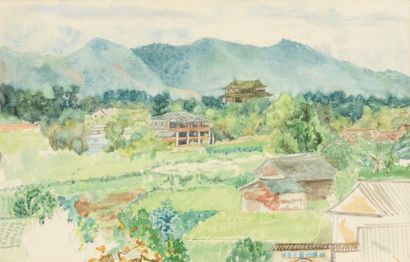 Marguerite LELOUP 
Yunnan Fu.
Trois aquarelles sur papier.
Deux aquarelles, une signée...