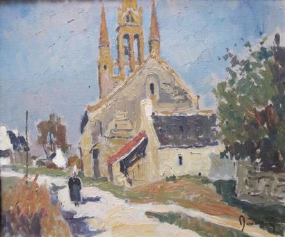 null Maurice MARLIN (XXe). Eglise Bretonne, chapelle de Tronoën, Permanarch. Huile...