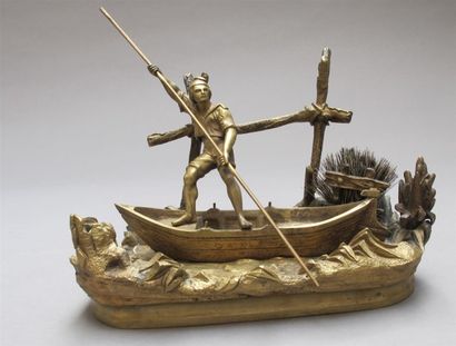 null Encrier en bronze doré et ciselé en figurant un pécheur dans une barque sur...