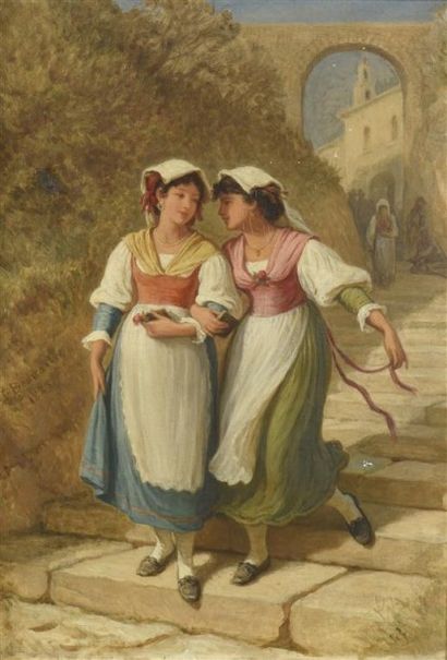 null Emile BOURCART (1827-1900). " Jeunes filles dans une ruelle provençale" Huile...