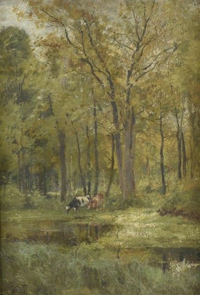 null Louis TAUZIN (1842-1915). " Vaches au bord de l'étang ". Huile sur toile signée...