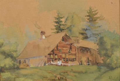 null E. VOIGT. (Fin XIXème-début XXème siècle). "Chalets en Forêt noire". Paire d'aquarelles...