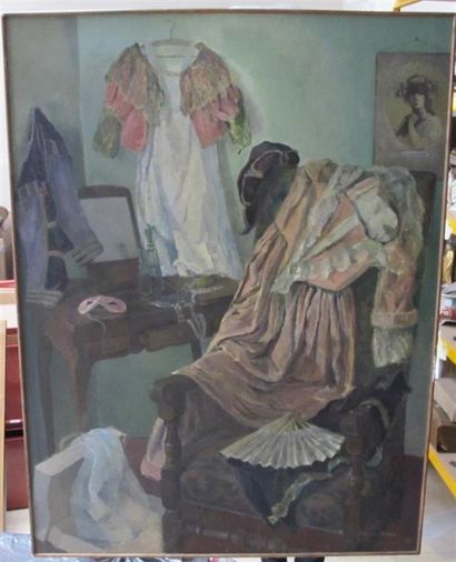 null Yvette Dreanne (1916-?). La loge d'artiste. Huile sur toile signée en bas à...