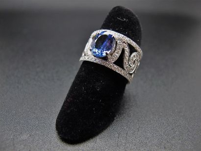 null Bague en or blanc 750°/°° (18k) ornée d'une tanzanite dans un bandeau à motifs...