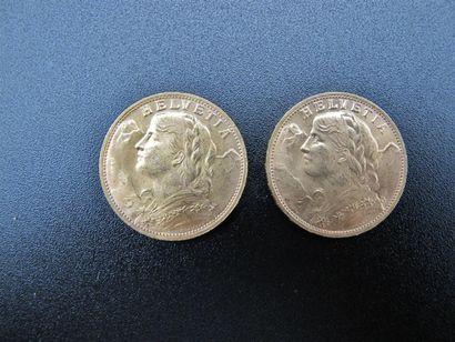 null SUISSE. Deux 20 Francs or. L 1935 B. Poids de chacune : 6,4 g.