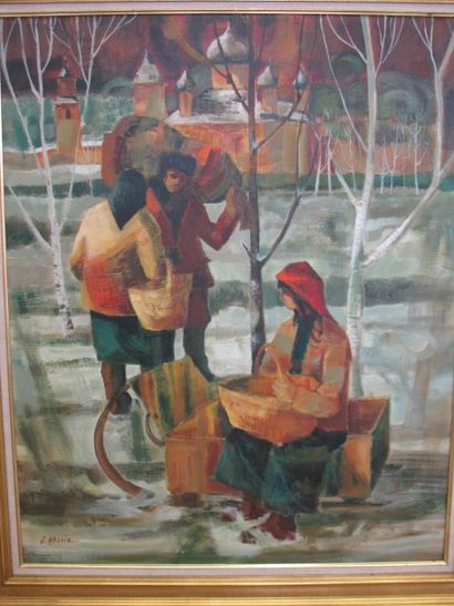 Jean ABADIE (né en 1921) "Le marché à Novodievitchi" Huile sur toile signée en bas...