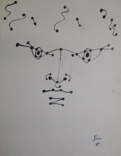 JEAN COCTEAU (1889-1963) "visage aux points 3 ", encre noire, signature à la mine...