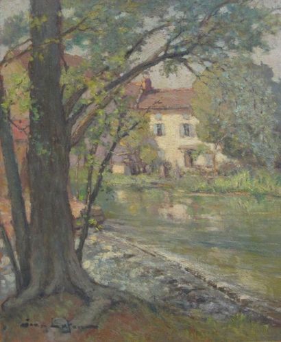 null « Maison sur les bords du Marais Poitevin », huile sur toile signée en bas à...