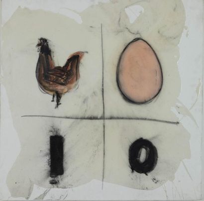 null Fabrice HYBER « Poule, ouf » 2015 Huile, fusain et époxy sur toile 71 x 71 cm...