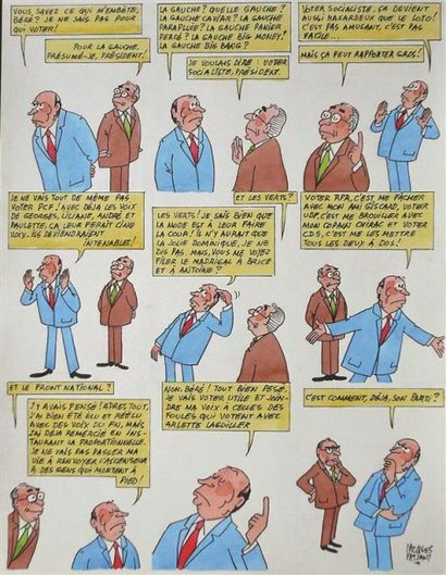 null Jacques FAIZANT (1918-2006) " Le choix de l'embarras ", 1993. Dessin en couleurs...