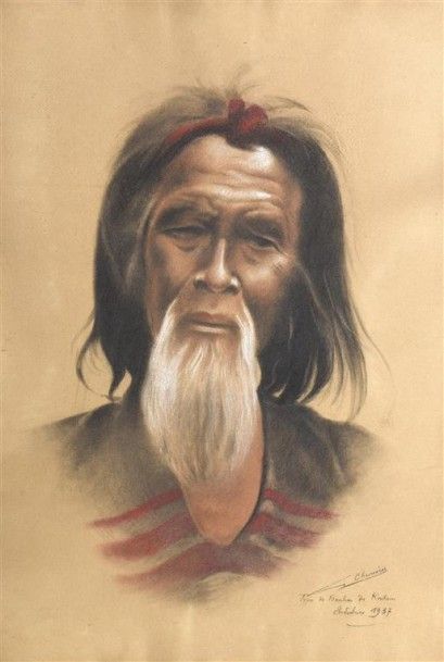 null G. CHEVRIERES (XXe siècle). Portrait de vieil homme des minorités du nord. Fusain...