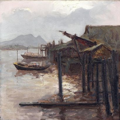 null André DELACROIX (XIXe-1934) Le Port de pêcheurs de Hongay. Huile sur toile encadrée...