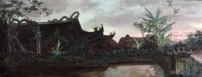 null André DELACROIX (XIXe-1934) Crépuscule sur les pagodes de la citadelle de Hué....