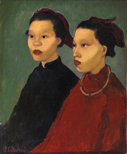 null Joseph GILARDONI (1882-1961). Double portrait de femmes en Ao daï et coiffures...