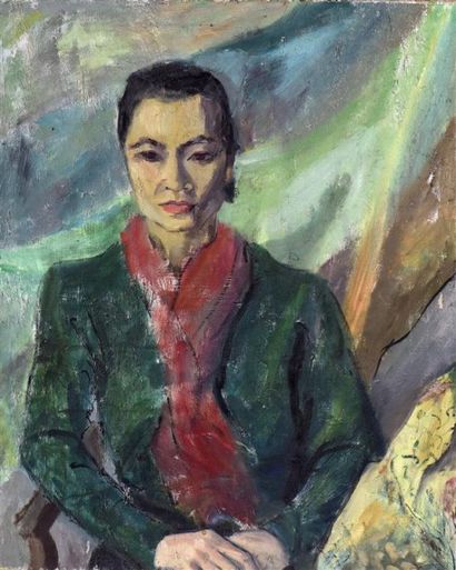null Lou Albert Lasard (1885-1969). Portrait d'une élégante à Hanoï. Huile sur toile...