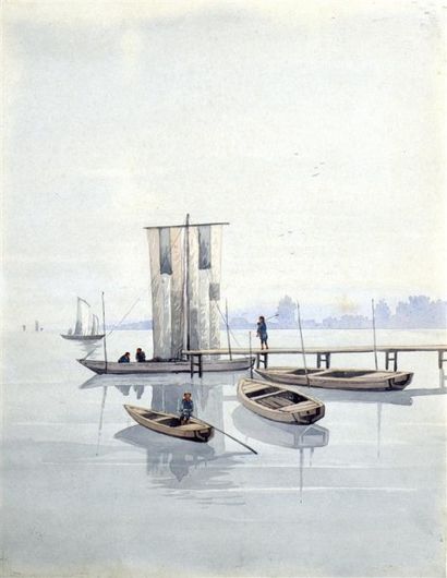 null Ecole de Hanoï, vers 1930. Embarcation et voiliers sur un lac près d'Hanoï Aquarelle...