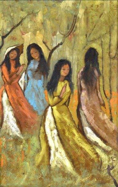 null Indochine, vers 1940.. Jeunes femmes en Ao Daï. Huile sur toile encadrée monogrammée...