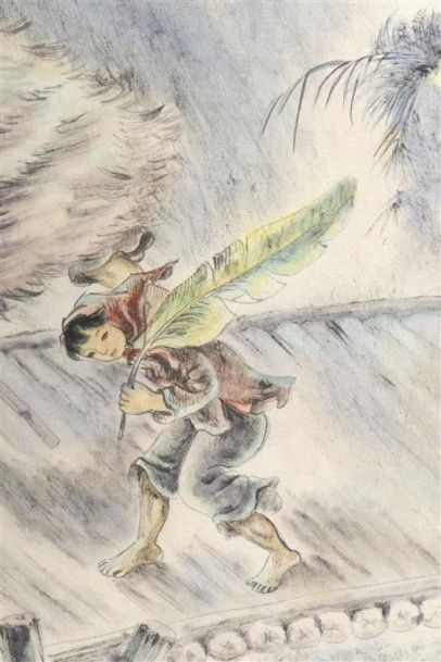 null TRAN VAN THO (1917- ?) La mousson. Encre de Chine et aquarelle sur soie encadrée,...