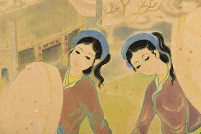 null TRAN VAN THO (1917- ?) Trois jeunes femmes à l'ombrelle. Encre de Chine et aquarelle...