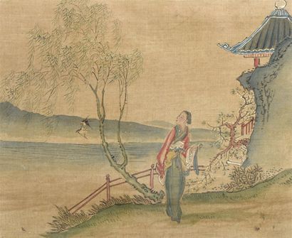 null Trois encres et polychromie sur soie représentant deux Baxian dans un paysage...