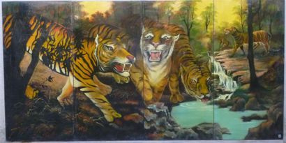 null Bao-Lôc Deux Tigres Tableau laqué par Bao-Lôc en 4 panneaux. Dimension : 99...