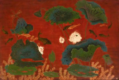 null Nguyen Quang Bao (1929-?). Lotus épanouis sur la rivière. Panneau en laque polychrome...