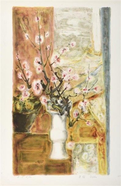 null LE PHO (1907-2001). "Bouquet de cerisiers en flleurs". Lithographie en couleur...