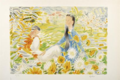 null LE PHO (1907-2001). "Jeune fille au jardin". Lithographie en couleur signée...