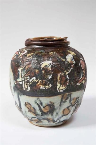 null LANOS Michel (1926-2005) Vase ovoïde à large col en grès émaillé à décor abstrait...