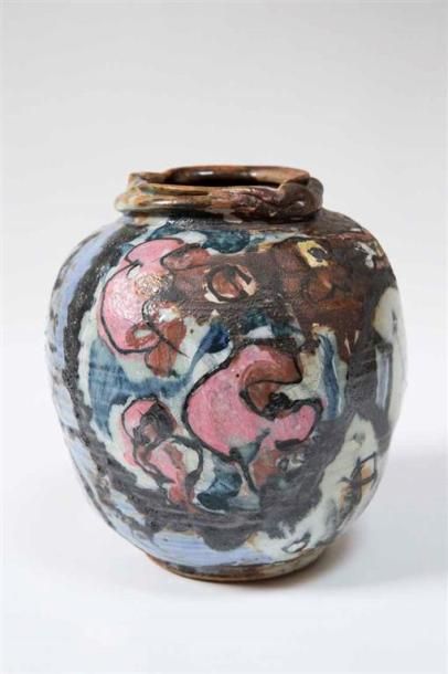 null LANOS Michel (1926-2005) Vase ovoïde à large col en grès émaillé à décor abstrait...