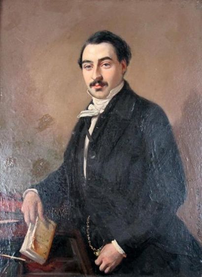null Armand Constant MELICOURT (1816-1883). "Portrait d'homme à la redingote". Huile...