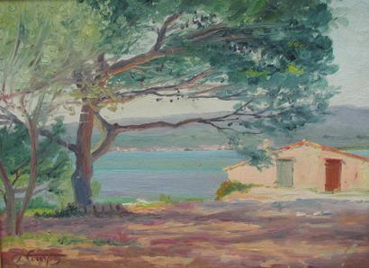 null Joseph Marie COUSTON (1880-1961). Bord de lac. Huile sur toile (manque). 24...