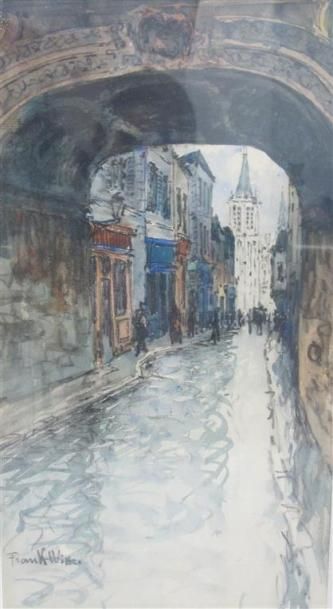 null Frank WILL (1900-1951) "Rue du gros Horloge à Rouen". Aquarelle sur papier,...