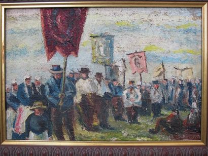 null Ecole Bretonne XXe siècle. "Procession à Locronan", huile sur toile, signée...
